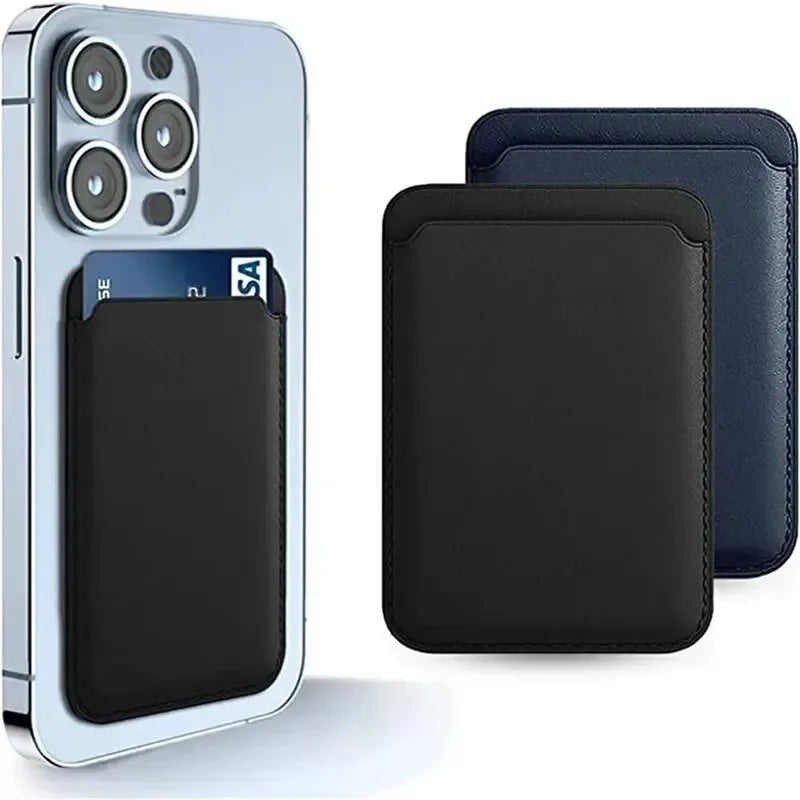 Belro magnetic leather card holder wallet attached to iPhone, compact accessory with card slots and sleek black leather design.