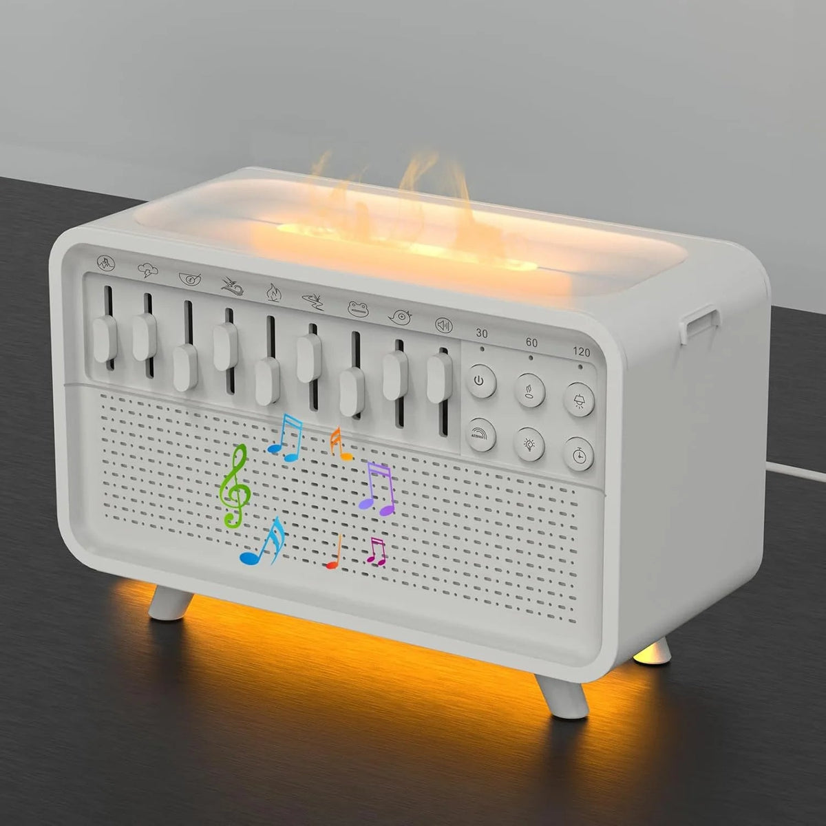 Belro white noise machine with humidifier and night light, showing a sleek device on a bedside table in a cozy bedroom setting.