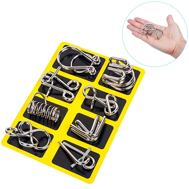 Set of 8 metal puzzle rings from Belro, brain teaser toys for challenging and fun mental puzzles.