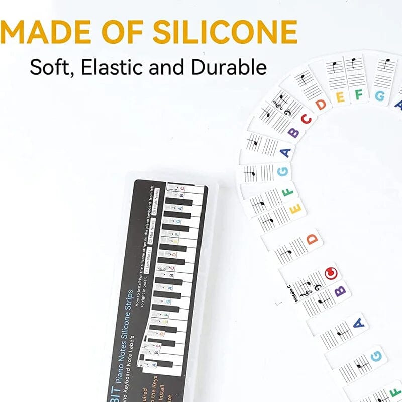 Color-coded BowLift removable piano keyboard note labels on a keyboard for easy learning and note identification.