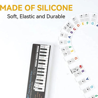 Color-coded BowLift removable piano keyboard note labels on a keyboard for easy learning and note identification.