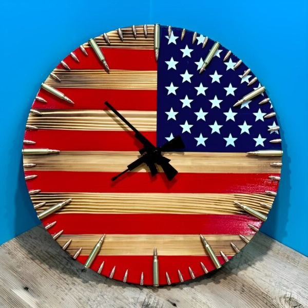 Handmade American flag clock from Belro featuring patriotic flag design with bold red, white, and blue colors for home decor.
