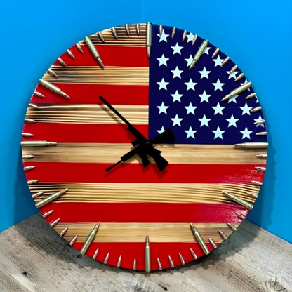 Handmade American flag clock from Belro featuring patriotic flag design with bold red, white, and blue colors for home decor.