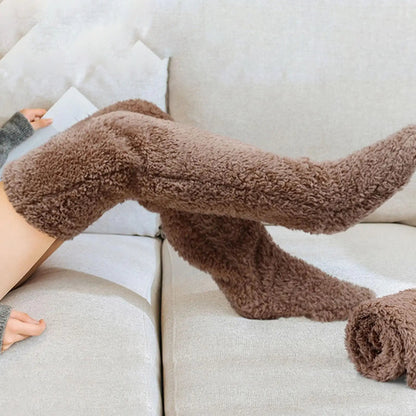 Belro fuzzy thigh high warm socks shown in cozy, soft fabric with a thick, plush texture perfect for cold weather.