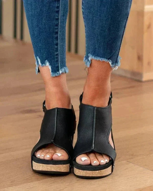 Women's leather platform wedge orthopedic sandals by Belro with supportive straps and chunky heel, ideal for comfort and style.