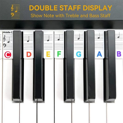 Color-coded BowLift removable piano keyboard note labels with note names for learning and practicing on a full-sized keyboard.
