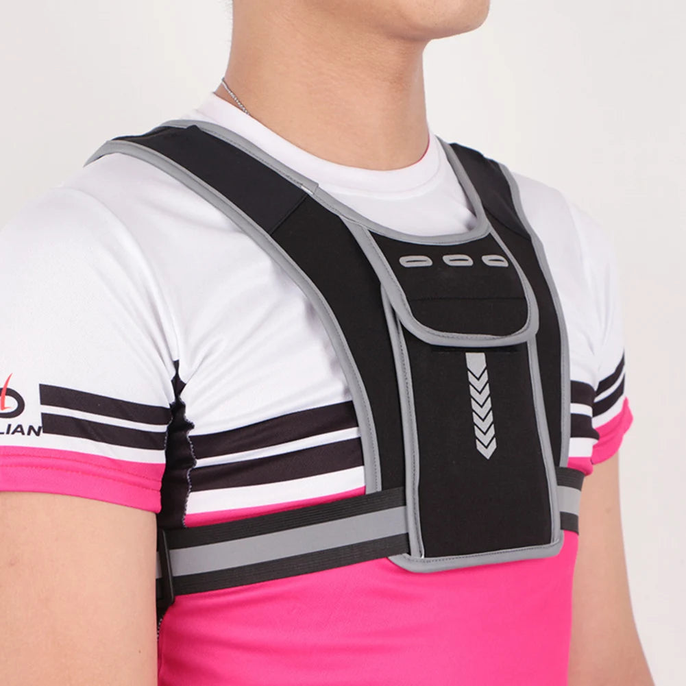 Belro reflective running vest chest bag with adjustable straps and front zipper pocket, designed for activewear and outdoor running.