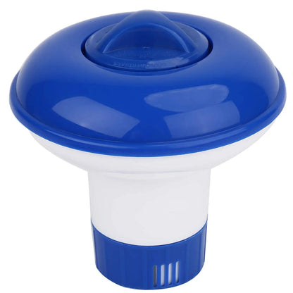 Belro adjustable pool chlorine floater in outdoor home and garden setting, showing the plastic device with adjustable vents for chlorine distribution.