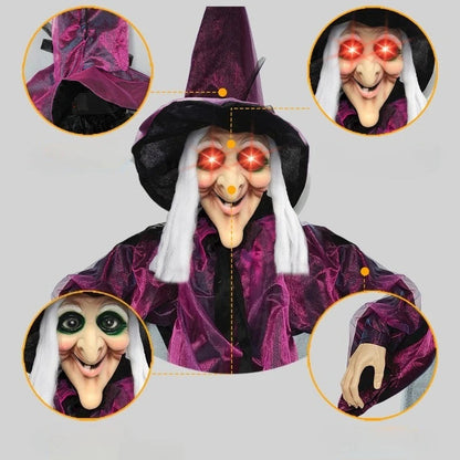 Life size animated Halloween witch costume for men with red eyes, Belro brand, featuring spooky witch attire and detailed facial features.