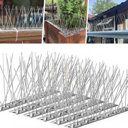 Belro outdoor stainless steel bird repeller spikes mounted on a garden surface to deter birds and protect outdoor spaces.