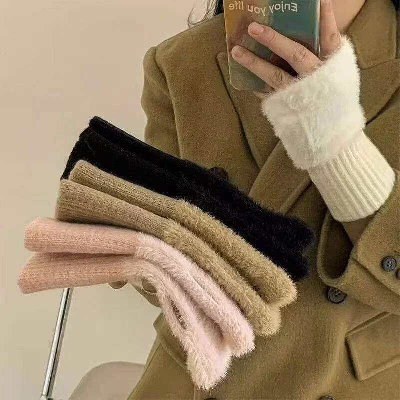 Belro plush cozy fingerless gloves for women, soft and warm clothing accessory shown in the image.