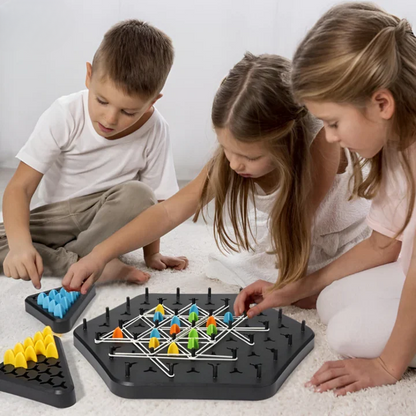 Mivoza Triangle Strategy Board Game for 2-4 players, featuring colorful game pieces and a triangular game board for family fun.