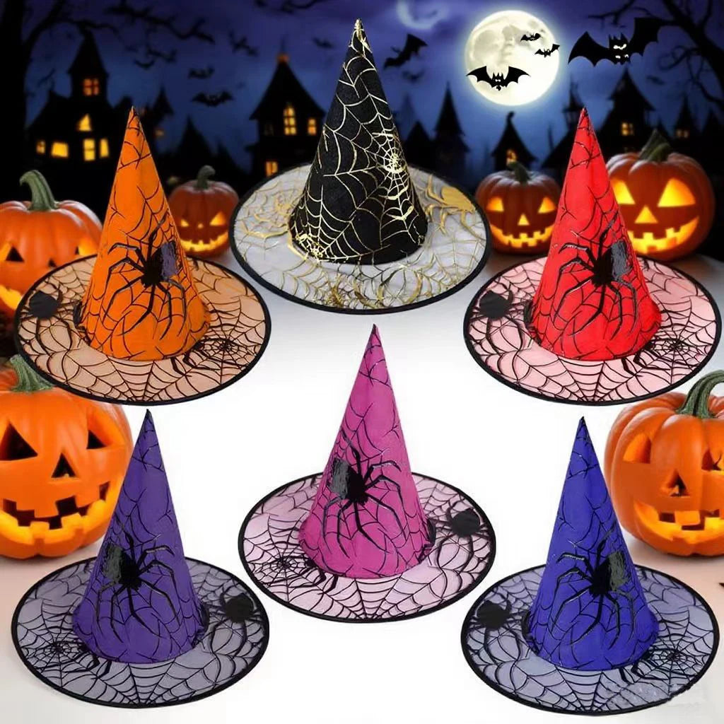 Colorful spider web witch hat costume by Belro with vibrant web pattern, perfect for Halloween dress-up and spooky costumes.