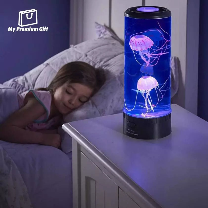 Belro Jellyfish LED Lamp in an outdoor aquarium, showcasing glowing, realistic jellyfish swimming in a vibrant aquatic setting.