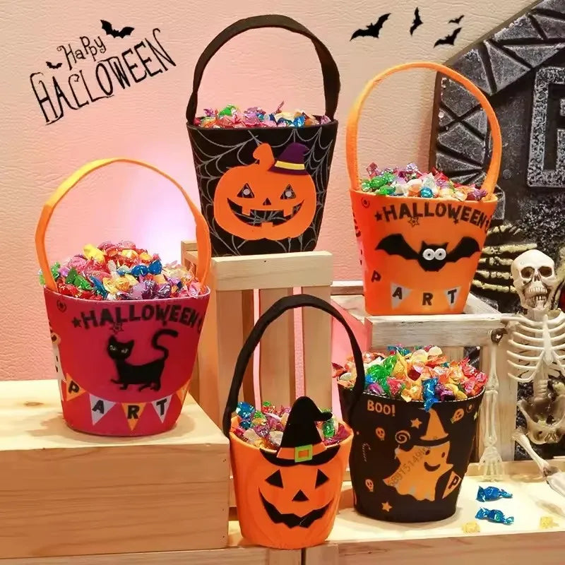 Belro Halloween treat bags candy bucket for storing and carrying candies, with a festive Halloween design.