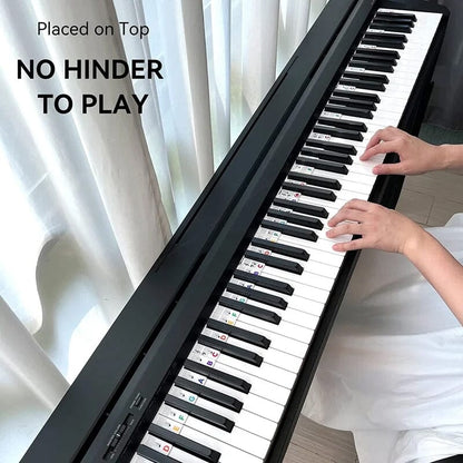 Color-coded BowLift removable piano keyboard note labels on a keyboard for easy learning and note identification.