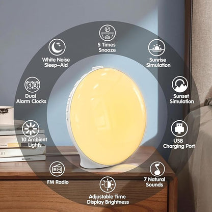 Belro light alarm clock with nature sounds, showing a modern digital display and a sleek design for health and beauty use.