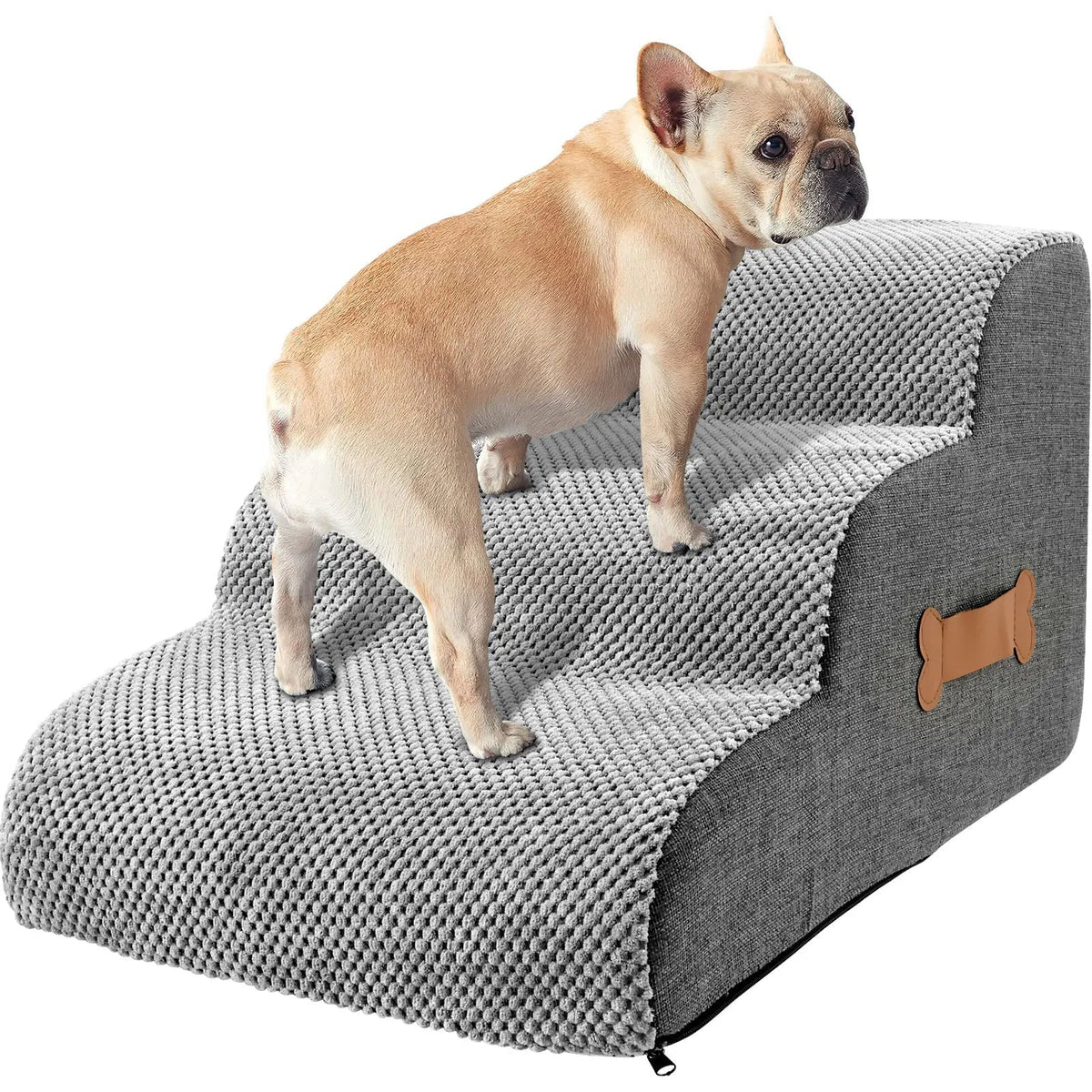 Belro dog stairs for bed, portable pet steps with non-slip surface, helping small dogs reach high beds safely.