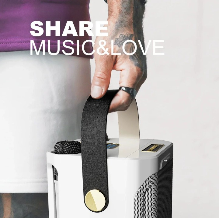 Mivoza Bluetooth karaoke speaker with two microphones, portable design, perfect for home parties and audio entertainment.
