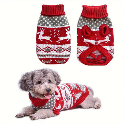 Belro knitted Christmas sweater for small dogs, cozy holiday pet clothing with festive red and white pattern, front view.