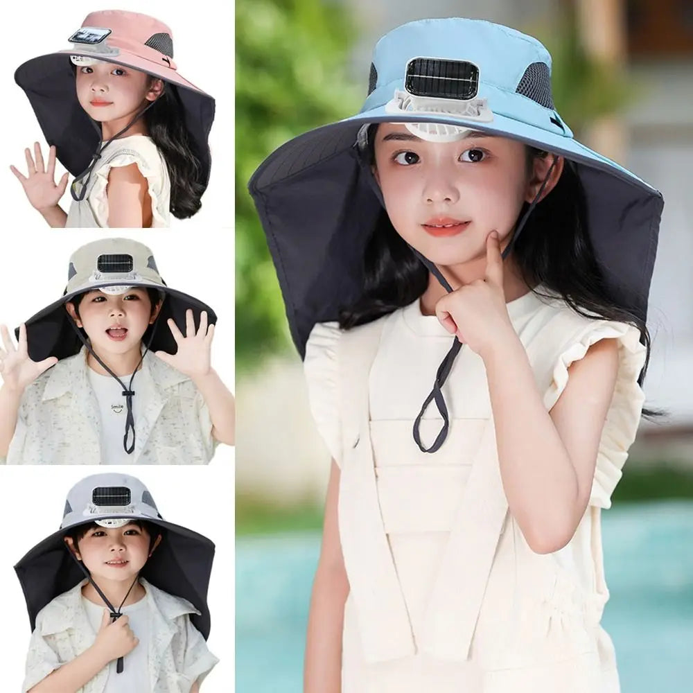 Adjustable kids solar fan hat by Belro with wide brim, solar-powered fan, and breathable fabric for sun protection and cooling.