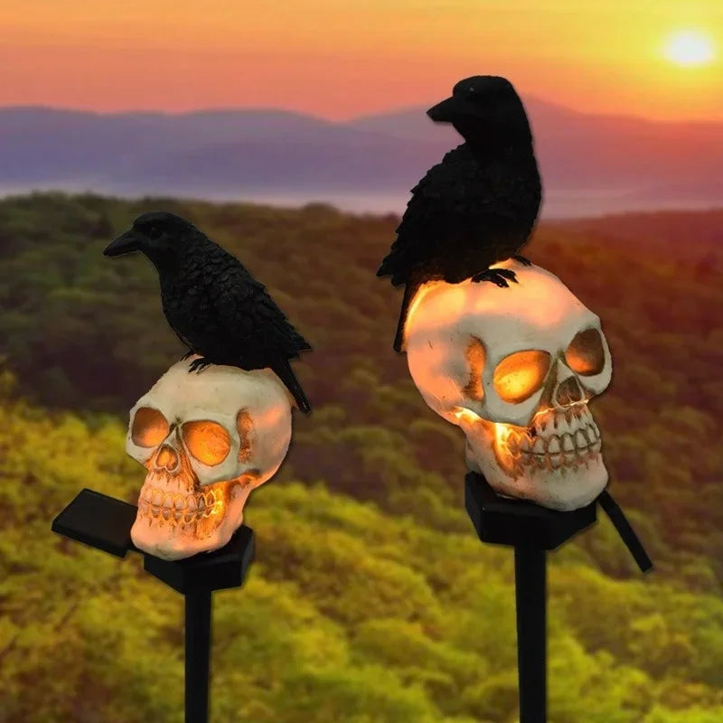 Belro Halloween Skeleton Head Solar Light accessory attached to an umbrella, illuminated with a spooky skeletal design.