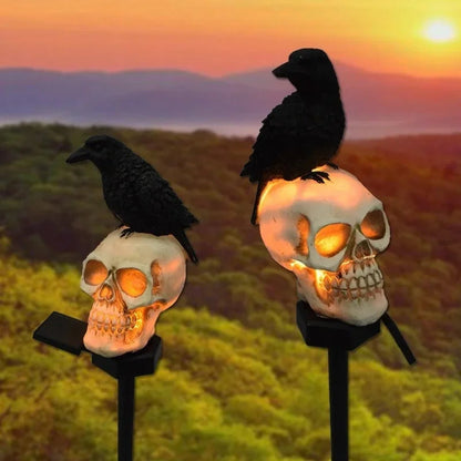 Belro Halloween Skeleton Head Solar Light accessory attached to an umbrella, illuminated with a spooky skeletal design.