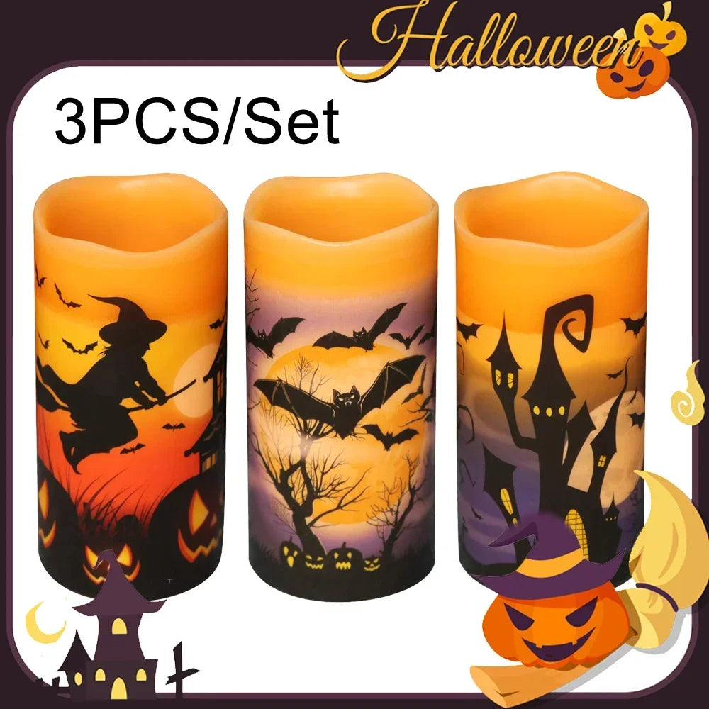 Belro Halloween flameless candles set with flickering orange and black candle silhouettes for spooky home decor.