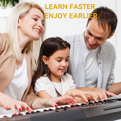 Color-coded BowLift removable piano keyboard note labels on a piano keys, aiding music learning and note recognition.