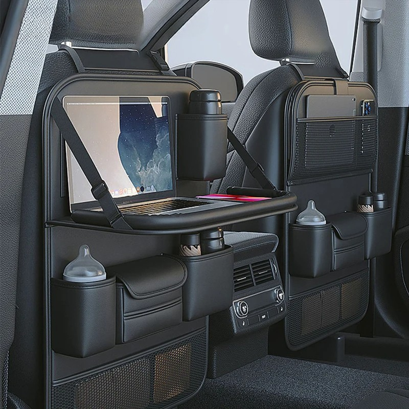 Belro car back seat organizer with tablet holder, sports and outdoors style, showing multiple compartments and secure attachment in a vehicle seat.