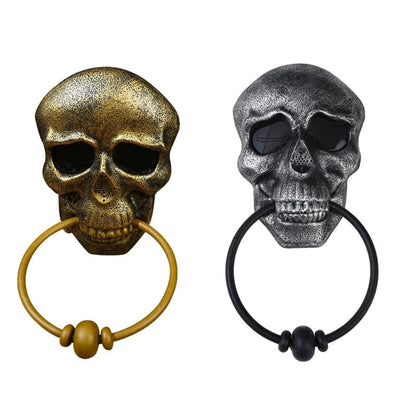 Belro Skeleton Head Door Knocker Halloween decoration mounted on a door, detailed skull design for spooky seasonal decor