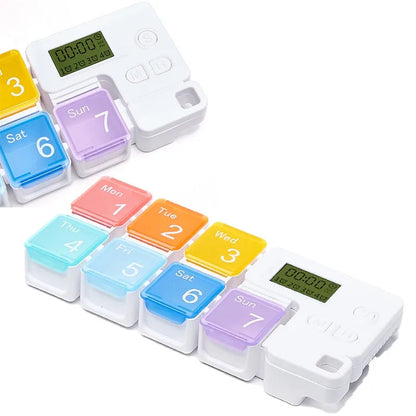 Belro Smart Electronic Weekly Pill Organizer with digital display and multiple compartments for easy medication management.