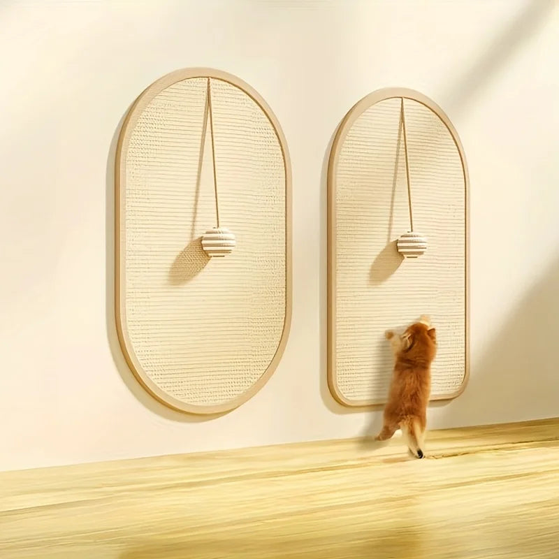 Belro Sisal 3-in-1 wall-mounted cat scratch pad in natural sisal and wood, designed for scratching, lounging, and climbing.