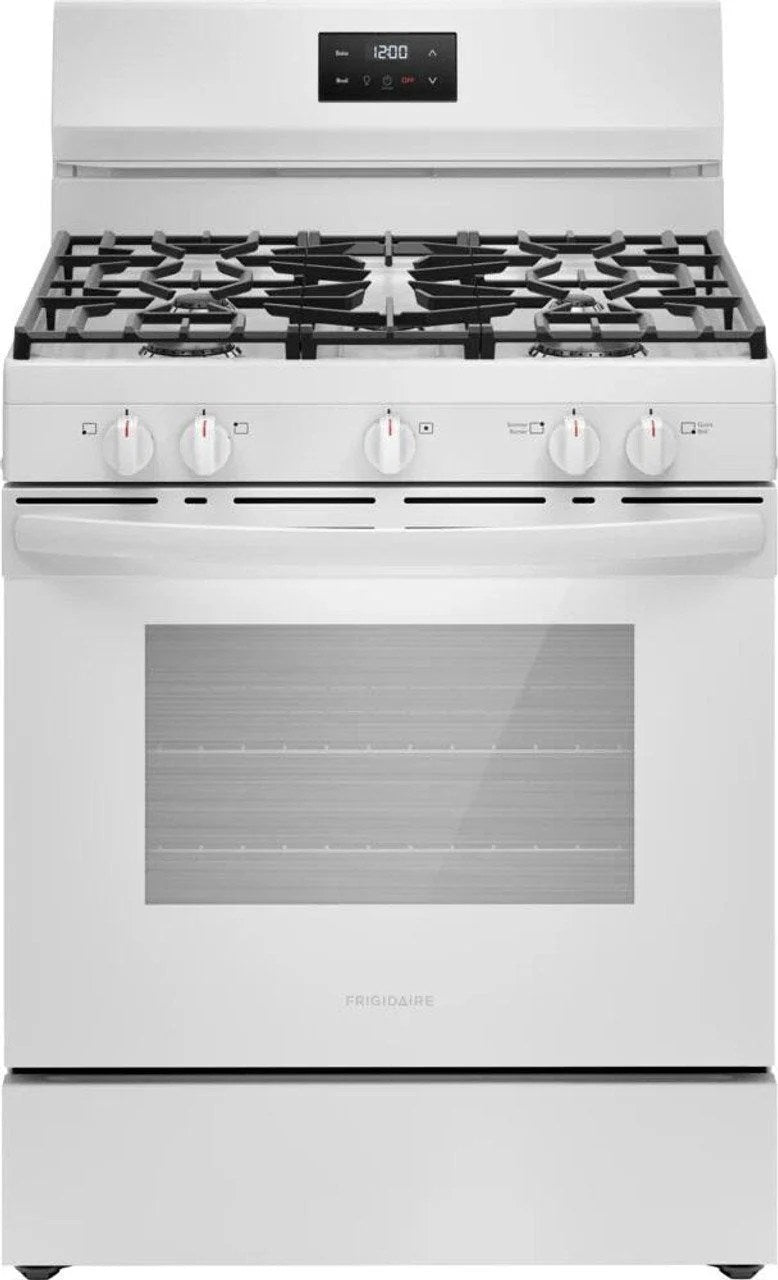 Casavibeo Frigidaire 30-inch gas range with four burners and oven, stainless steel finish, and control knobs on the front.