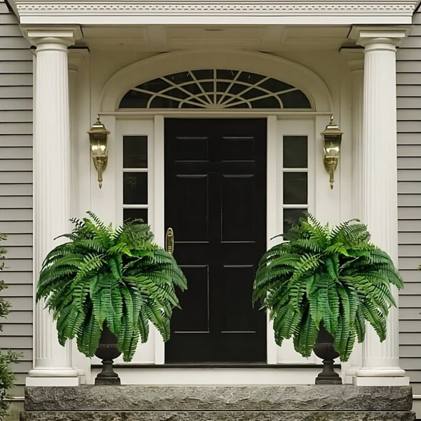 Realistic UV-resistant artificial Boston fern plant for home and garden decor, showcasing lush green fronds in a natural arrangement.