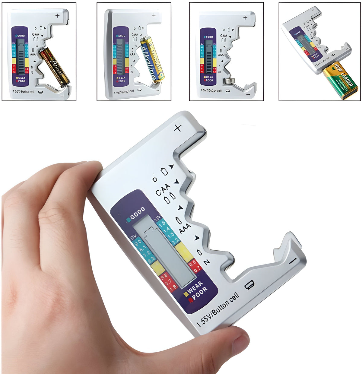 Belro Universal Digital Battery Tester displaying a digital readout, used for testing various batteries in electronics and charging devices.