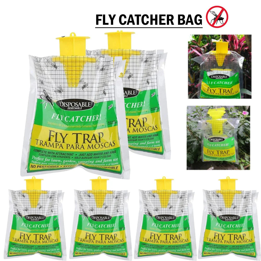 Belro Eco Disposable Outdoor Fly Trap hanging outdoors in a garden, designed for pest control in home and garden settings.