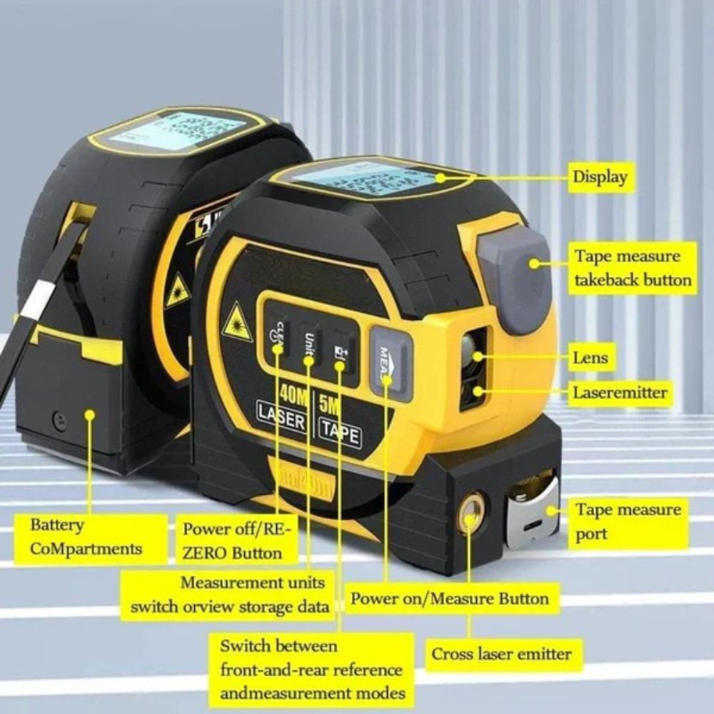 Belro 3-in-1 infrared laser tape measure showing digital display, measuring tape, and infrared sensor for precise distance measurement.