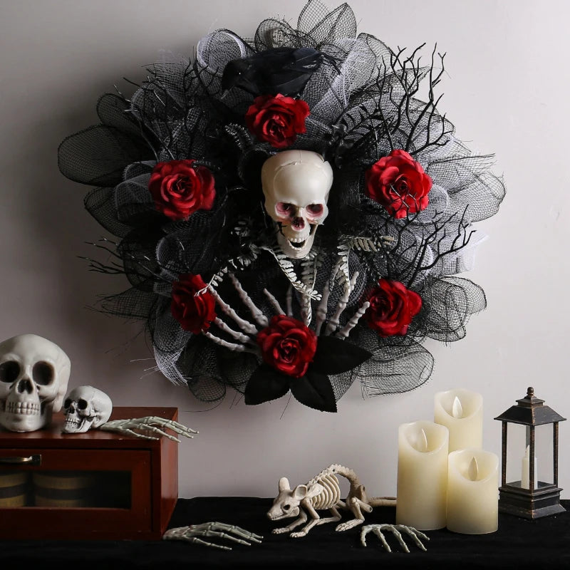 Red rose skull Halloween garland wreath by Belro featuring spooky skulls and vibrant roses for front door Halloween decor.