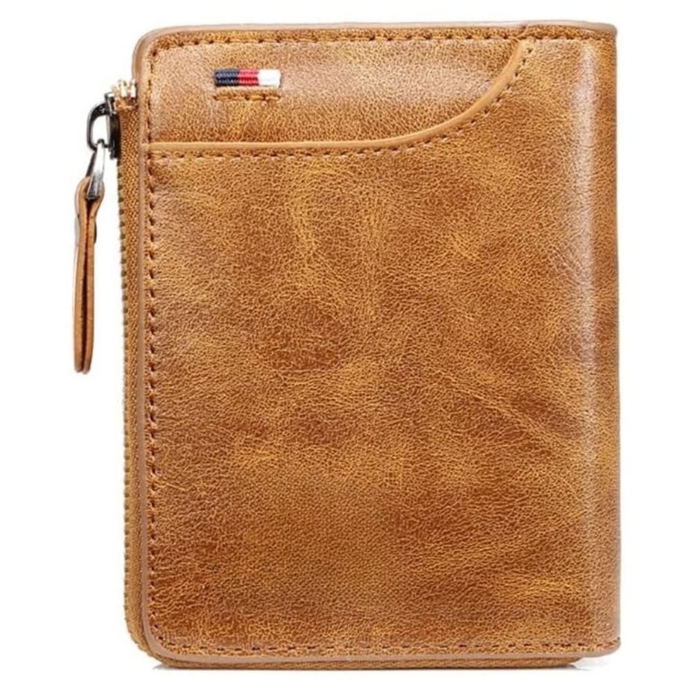 Belro men's RFID blocking wallet with zipper, multi-credit card holder in khaki, brown, and black, showing secure design and compact size.