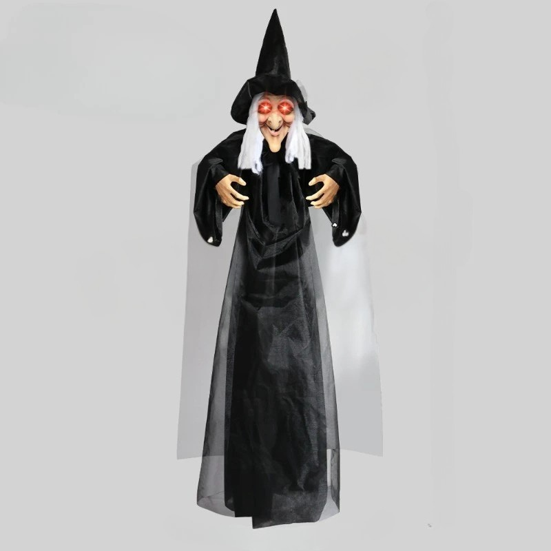 Life size animated Halloween witch costume for men with red eyes, detailed clothing and spooky character from Belro.