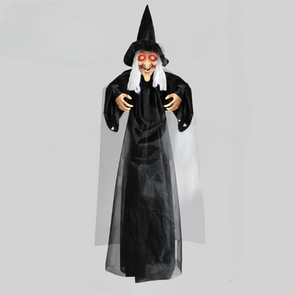 Life size animated Halloween witch costume for men with red eyes, detailed clothing and spooky character from Belro.