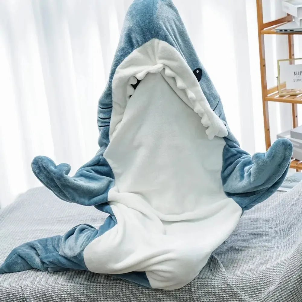 Belro soft flannel shark hoodie blanket, cozy sleepwear with shark design, perfect for lounging and staying warm.