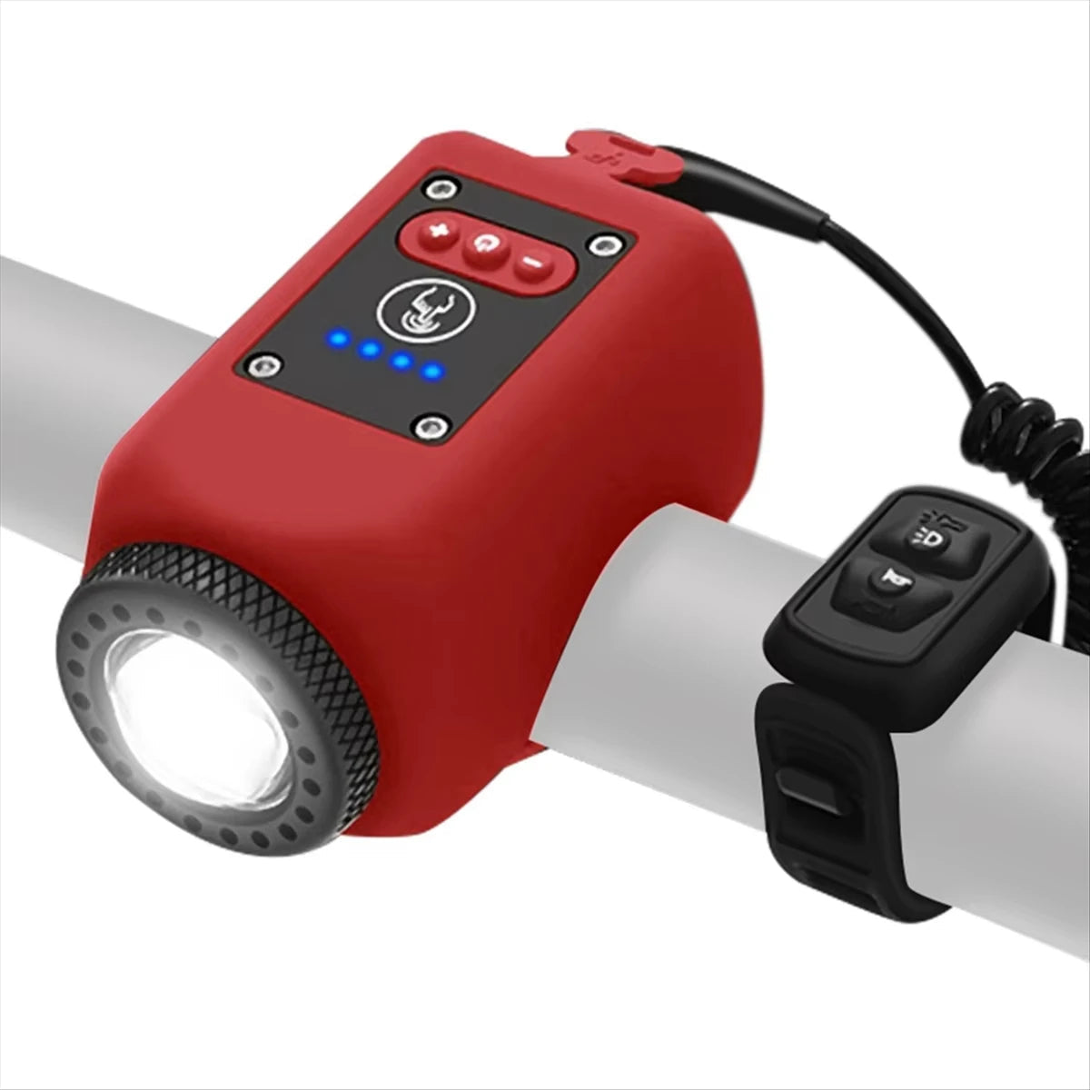 Belro electric bike horn and front light mounted on a bicycle handlebar, featuring a compact design for outdoor cycling safety.