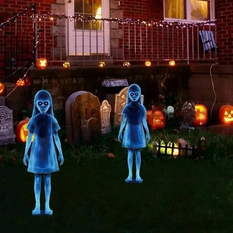 Belro Lighted Ghosts Halloween outdoor decoration hanging from umbrella, spooky ghost figures with illuminated eyes and ghostly features.