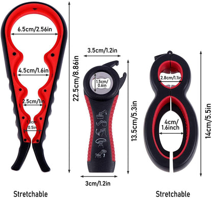 Belro 6 in 1 multi opener, versatile kitchen tool for opening bottles, cans, and jars, shown in use on various containers