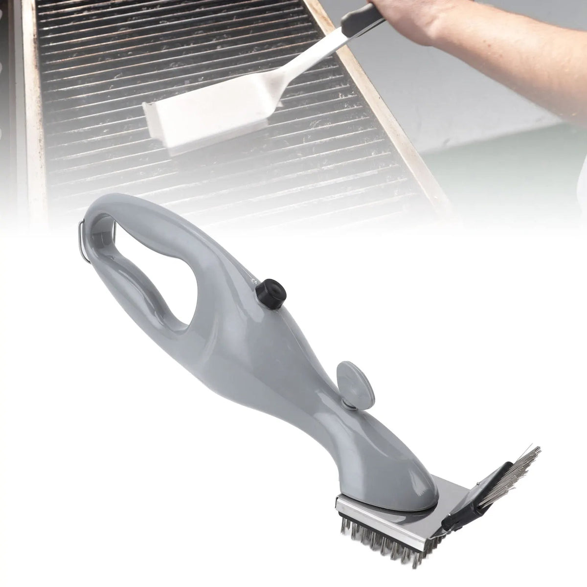 Belro steam barbecue grill brush with handle cleaning grill grates in a kitchen or outdoor setting.