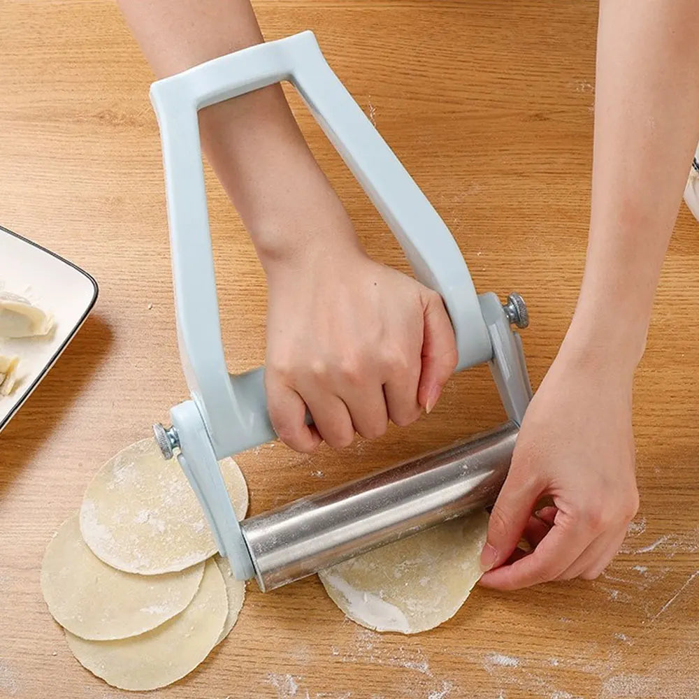 Belro stainless steel adjustable handheld rolling pin for kitchen and baking, featuring a sleek, durable design with adjustable thickness rings.