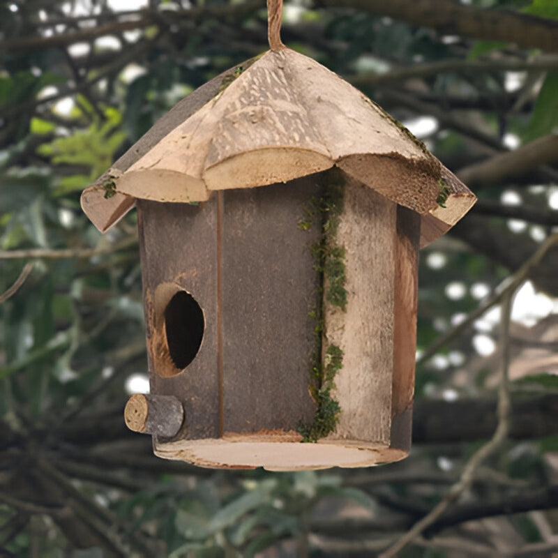 Wooden bird house with hut design and hanging cord, weatherproof garden bird shelter by Mivoza.