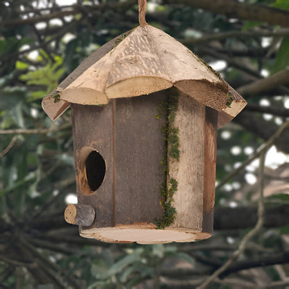 Wooden bird house with hut design and hanging cord, weatherproof garden bird shelter by Mivoza.